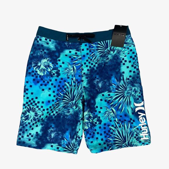 Hurley Board Shorts Boys 16 Blue Gaze Floral Print 9 Inch Inseam Swim Trunks - Picture 1 of 12